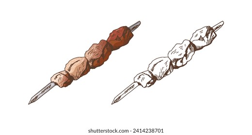 Organic food. Hand-drawn colored and monochrome vector sketch  of kebab, shashlik, grilled on a skewer, food meat. Decorations for the menu. Engraved image.  