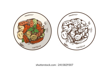 Organic food. Hand-drawn colored and monochrome vector sketch of plate of grilled vegetables. Vintage illustration. Decorations for the menu of cafes. Engraved image.