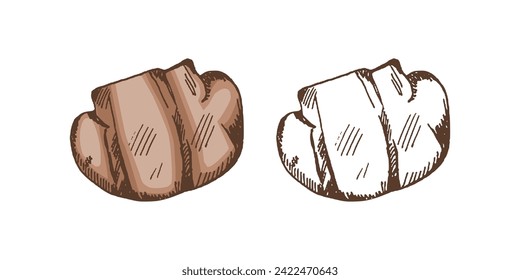 Organic food. Hand-drawn colored and monochrome vector sketch of grilled champignon. Doodle vintage illustration. Decorations for menu of cafes. Engraved image.