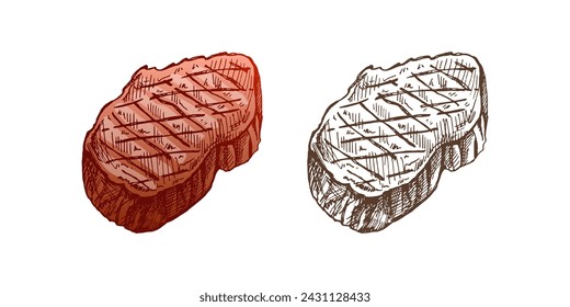 Organic food. Hand-drawn colored and monochrome  vector sketch of ribeye steak, beef steak, piece of meat. Doodle vintage illustration. Decorations for the menu of cafes and labels. Engraved image.