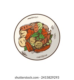 Organic food. Hand-drawn colored vector sketch of plate of grilled vegetables. Vintage illustration. Decorations for the menu of cafes. Engraved image.