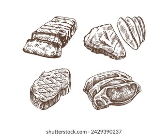 Organic food. Hand-drawn monochrome vector sketches of grilled beef steaks, pieces of meat. Vintage illustration. Decorations for the menu. Engraved image.	