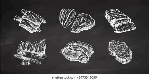 Bio-Lebensmittel. Handgezeichnete monochrome Vektorgrafik-Skizzen von gegrillten Rindersteaks, Fleischstücken. Klassische Darstellung. Dekorationen für das Menü. Graviertes Bild.	