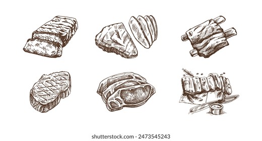 Comida orgánica. Esbozos de Vector monocromo dibujados a mano de bistecs de ternera a la parrilla, trozos de carne. Ilustración de Antiguas. Decoración del menú. Imagen grabada.	