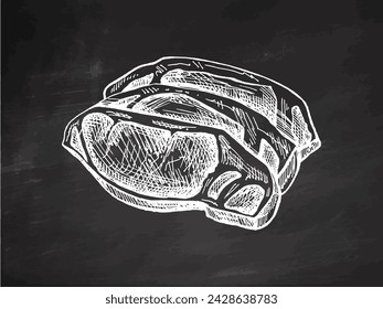 Organic food. Hand-drawn vector sketch of grilled beef steak, pieces of meat on chalkboard background. Doodle vintage illustration. Decorations for the menu of cafes and labels. Engraved image.