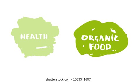 Organic Food and Health hand drawn vector badge. Handwritten logo templates. Element for graphic design - banner, poster, flyer, tag, menu.