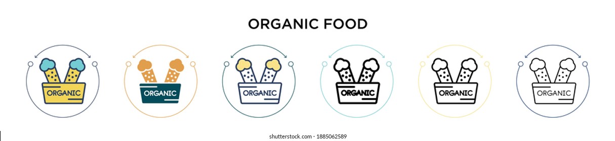 Organic food icon in filled, thin line, outline and stroke style. Vector illustration of two colored and black organic food vector icons designs can be used for mobile, ui, web