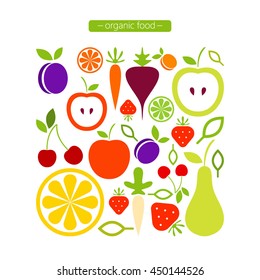Organic food icons set. Vector flat illustration on white background.