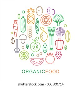 Organic food icons. Vegetarian menu set. Linear style. Vector illustration. 