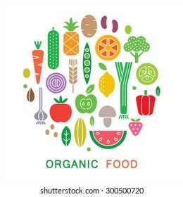 Organic food icons. Vegetarian menu set. Vector flat illustration. 