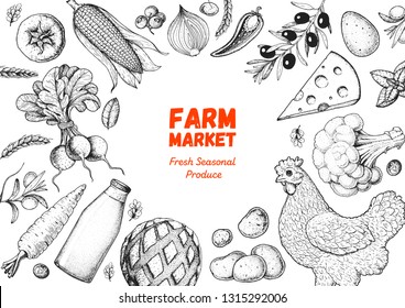 Organic food illustration. Farmers market design elements. Hand drawn sketch. Various food frame. Good food store concept.
