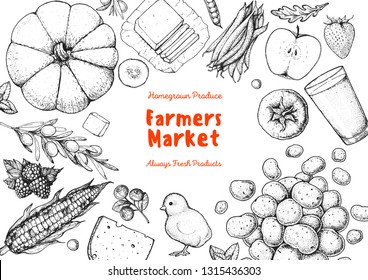 Organic food illustration. Farmers market design elements. Hand drawn sketch. Various food frame. Good food store concept.