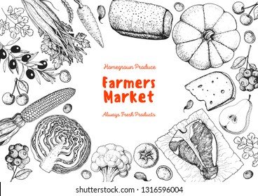 Organic food illustration. Farmers market design elements. Hand drawn sketch. Various food frame. Good food store concept.