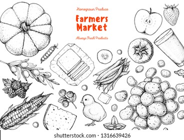 Organic food illustration. Farmers market design elements. Hand drawn sketch. Various food frame. Good food store concept.