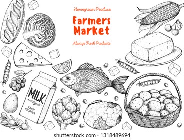 Organic food illustration. Farmers market design elements. Hand drawn sketch. Various food frame. Good food store concept