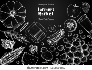 Organic food illustration. Farmers market design elements. Hand drawn sketch. Various food frame. Good food store concept.