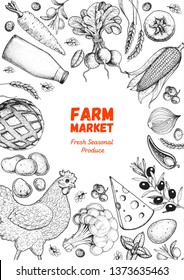 Organic food illustration. Farmers market design elements. Hand drawn sketch. Various food frame. Good food store concept. 