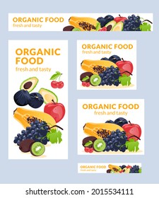 Organic food illustration vector banners of different sizes is suitable for poster , Flyer and related with food. Papaya, apple, grape, figs, cherry, avocado, kiwi. Healthy food