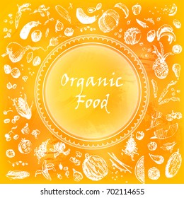 Organic food. Infographics advertising banner poster menu template. Watercolor orange background, round shape, white outlined images of vegetables and fruits. Vector illustration