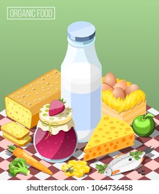 Organic food isometric composition on green background with dairy products, bread, eggs, jam and honey vector illustration