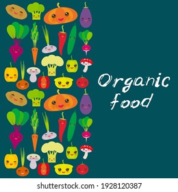 Organic food. Kawaii cute vegetables bell peppers pumpkin beets carrots eggplant red hot peppers cauliflower broccoli potatoes mushrooms cucumber onion garlic, tomato radish on blue background. Vector