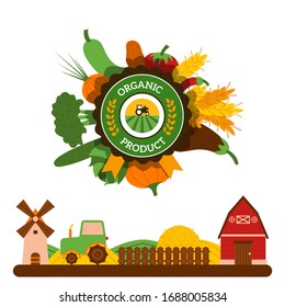 Organic food label, agriculture barn, tractor, vegetables, windmill, grass, rural place, isolated on white, flat vector illustraion. Healthy food, stuff, vegan vegetarian design wholesome banner