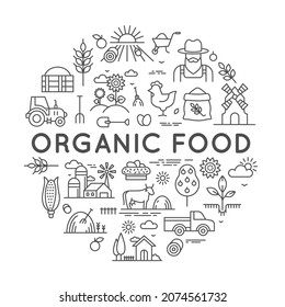 Organic food label for farmer market with agriculture line icons. Round logo with farm fresh eco products, barns and equipment vector design. Farming equipment for field and garden