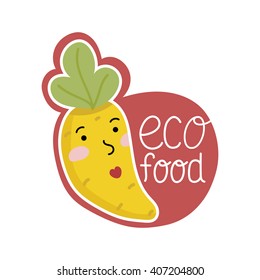 Organic food label isolated on white background. Logo for vegan menu or food. Cute cartoon vector illustration.