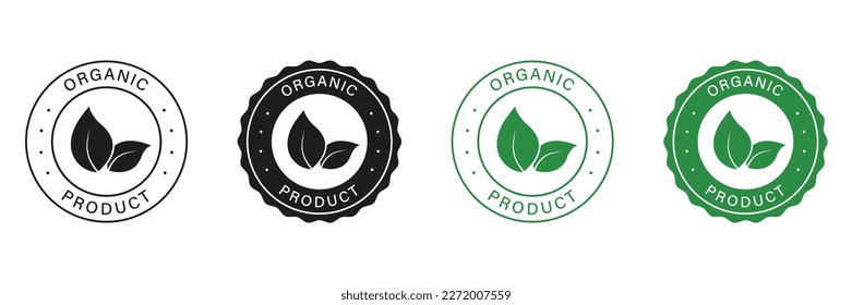 Organic Food Label Set. Bio Healthy Eco Food Line and Silhouette Signs. 100 Percent Organic Green and Black Icons. Natural and Ecology Product Vegan Food Sticker. Isolated Vector Illustration.