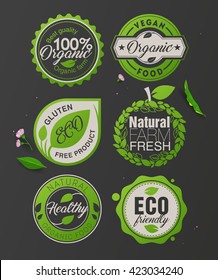 Organic food labels and badges. Organic element for food and drink. Organic product, shop, restaurant, vegan cafe, vegetarian restaurant, logo label, ecology, gluten free food. Natural organic food