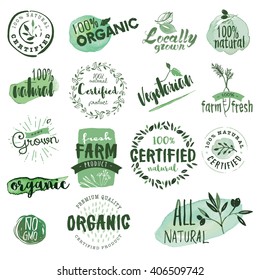 Organic food labels and badges. Hand drawn watercolor vector illustration set for food and drink, restaurant, natural products.