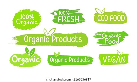 Organic food labels collection, farm fresh and natural product badge or icons for food market, organic products promotion template, quality food and drink for healthy life, vegetarian food icons