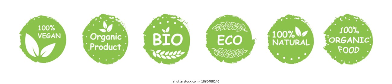 Organic food labels. Eco natural frame.Organic food signs. Grunge shapes. Fresh eco vegetarian products, vegan label and healthy foods badges. Health concept. Veganism logo. Vector graphic. EPS 10