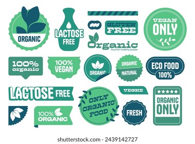 Organic food labels. Eco vegetarian, gluten and lactose free stamps with leaf, natural farm fresh product icons. Vector healthy diet ecology badges collection. Green quality emblems