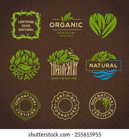 Organic food labels and elements, set for food and drink, restaurants and organic products vector illustration.