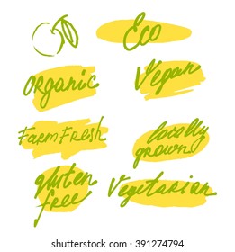 Organic food labels and elements, set for food and drink, restaurants and organic products vector illustration.