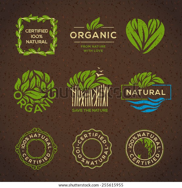 Organic food labels\
and elements, set for food and drink, restaurants and organic\
products vector\
illustration.