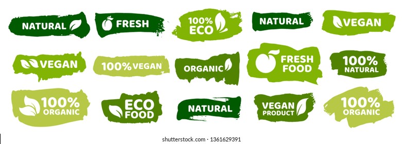 Organic food labels. Fresh eco vegetarian products, vegan label and healthy foods badges. Veganism logo, vegans diet sticker or ecological food product stamp. Vector isolated symbols set