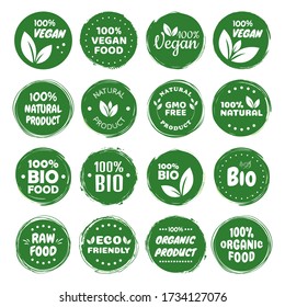 Organic food labels. Fresh eco vegetarian products, vegan label and healthy foods badges. Veganism logo, vegans diet sticker or ecological food product stamp. Vegetarian eco green concept.