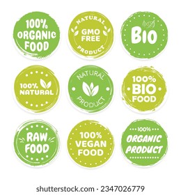 Bio-Lebensmitteletiketten. Frische vegetarische Produkte, Veganetikett und gesunde Lebensmittelabzeichen. Veganismus-Logo, Veganer Diätaufkleber oder ökologische Lebensmittelmarke. Vegetarisches Ökokonzept.