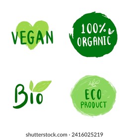 Organic food labels. Fresh eco vegetarian products, vegan label and healthy foods badges. Veganism logo, vegans diet sticker or ecological food product stamp. Vector isolated symbols set