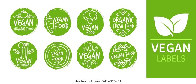 Organic food labels. Fresh eco vegetarian products, vegan label and healthy foods badges. Veganism logo, vegans diet sticker or ecological food product stamp. Vector isolated symbols set