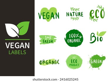 Organic food labels. Fresh eco vegetarian products, vegan label and healthy foods badges. Veganism logo, vegans diet sticker or ecological food product stamp. Vector isolated symbols set