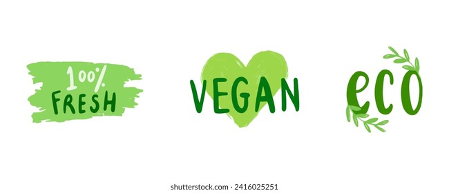 Organic food labels. Fresh eco vegetarian products, vegan label and healthy foods badges. Veganism logo, vegans diet sticker or ecological food product stamp. Vector isolated symbols set
