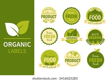 Organic food labels. Fresh eco vegetarian products, vegan label and healthy foods badges. Veganism logo, vegans diet sticker or ecological food product stamp. Vector isolated symbols set