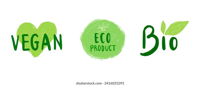 Organic food labels. Fresh eco vegetarian products, vegan label and healthy foods badges. Veganism logo, vegans diet sticker or ecological food product stamp. Vector isolated symbols set