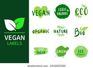Organic food labels. Fresh eco vegetarian products, vegan label and healthy foods badges. Veganism logo, vegans diet sticker or ecological food product stamp. Vector isolated symbols set