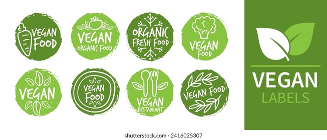 Organic food labels. Fresh eco vegetarian products, vegan label and healthy foods badges. Veganism logo, vegans diet sticker or ecological food product stamp. Vector isolated symbols set