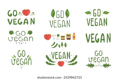 Organic food labels. Fresh eco vegetarian products, vegan label and healthy foods badges. Veganism logo, vegans diet sticker or ecological food product stamp. Vector isolated symbols set on white