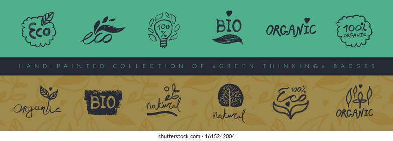 Organic food labels. Hand-lettering collection of Green Thinking badges. Healthy food icons, floral pattern background, herb ornament seamless. Trendy vector farm logo, bio concept, natural cosmetics.